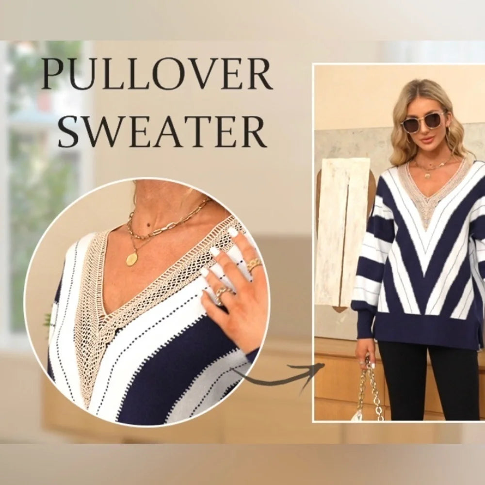 Lace V‑Neck Color Block Striped Oversized Sweater – Green, Nylon‑Viscose Knit, Fall Essential -US2D