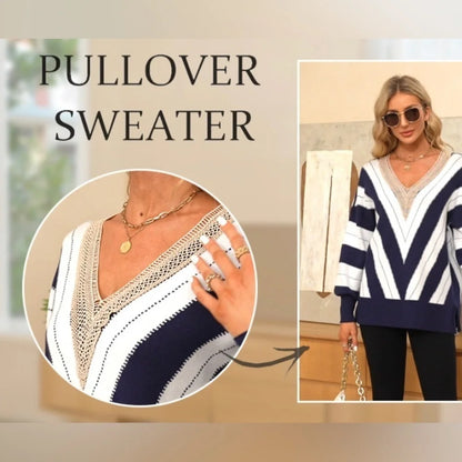 Lace V‑Neck Color Block Striped Oversized Sweater – Green, Nylon‑Viscose Knit, Fall Essential -US2D