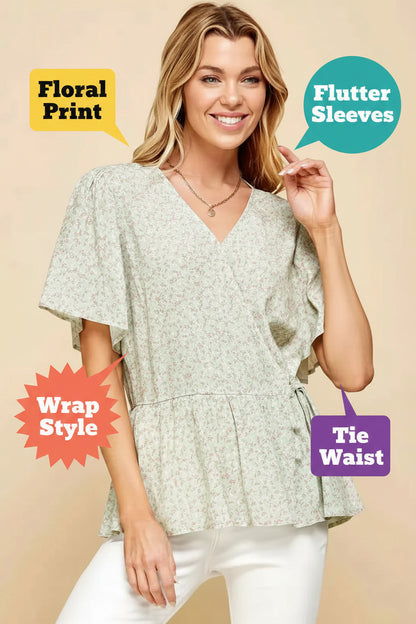 Lime ’N’ Chili Ditsy Print V‑Neck Short Sleeve Wrap Blouse – Sage/Ginger Floral - TreUS