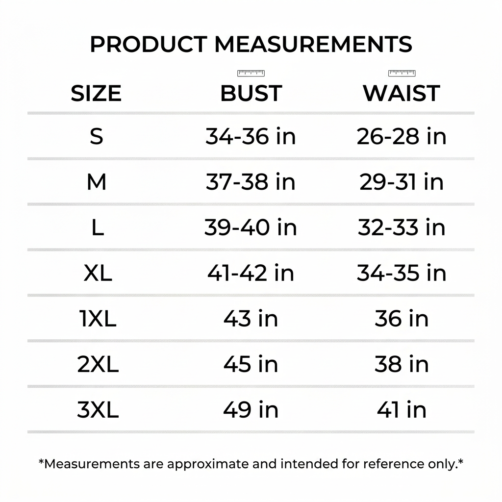 A text-based product measurement chart listing body measurements in both inches and centimeters for sizes S through 3XL, with Bust, Waist, and Length columns on a white background.