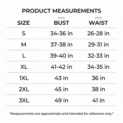 A text-based product measurement chart listing body measurements in both inches and centimeters for sizes S through 3XL, with Bust, Waist, and Length columns on a white background.