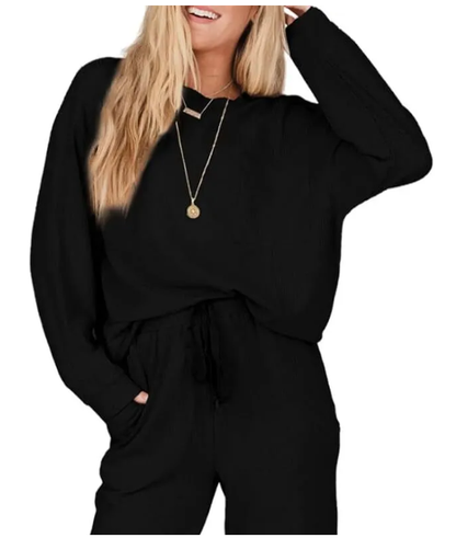Perssia WaffleLuxe™ Lounge Set — Two‑Piece Crewneck Top & Loose Pants (Black | Medium) - PERSSIA