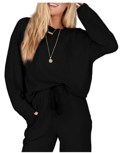 Perssia WaffleLuxe™ Lounge Set — Two‑Piece Crewneck Top & Loose Pants (Black | Medium) - PERSSIA