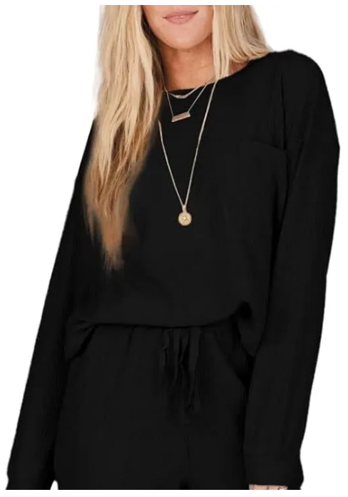 Perssia WaffleLuxe™ Lounge Set — Two‑Piece Crewneck Top & Loose Pants (Black | Medium) - PERSSIA