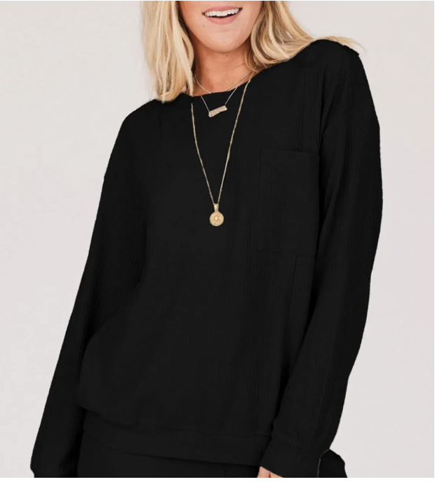 Perssia WaffleLuxe™ Lounge Set — Two‑Piece Crewneck Top & Loose Pants (Black | Medium) - PERSSIA
