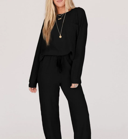 Perssia WaffleLuxe™ Lounge Set — Two‑Piece Crewneck Top & Loose Pants (Black | Medium) - PERSSIA