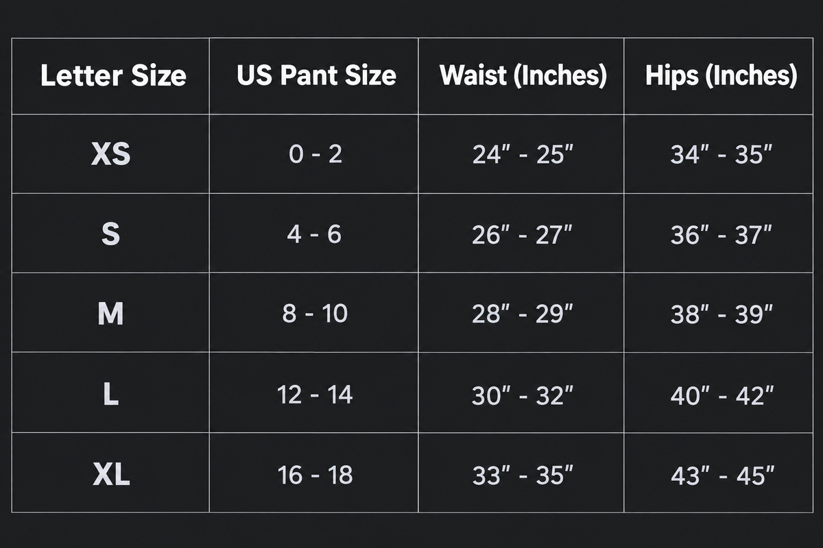 Pants size chart with letter sizes, US pant sizes, waist, and hips measurements on a black background.