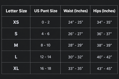 Pants size chart with letter sizes, US pant sizes, waist, and hips measurements on a black background.