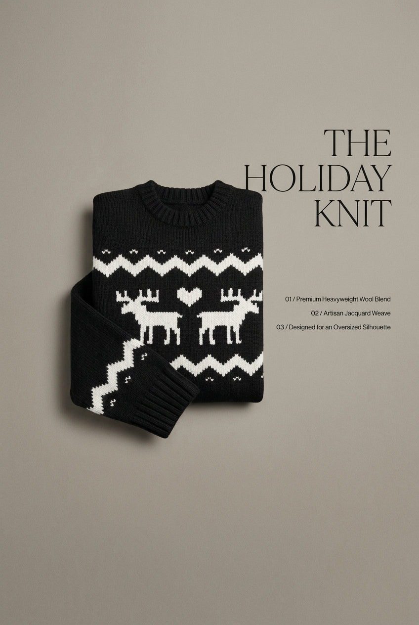 Minimalist luxury fashion brand feature graphic layout for a premium heavyweight wool-blend winter sweater showcasing the artisan jacquard knit pattern and designer silhouette.