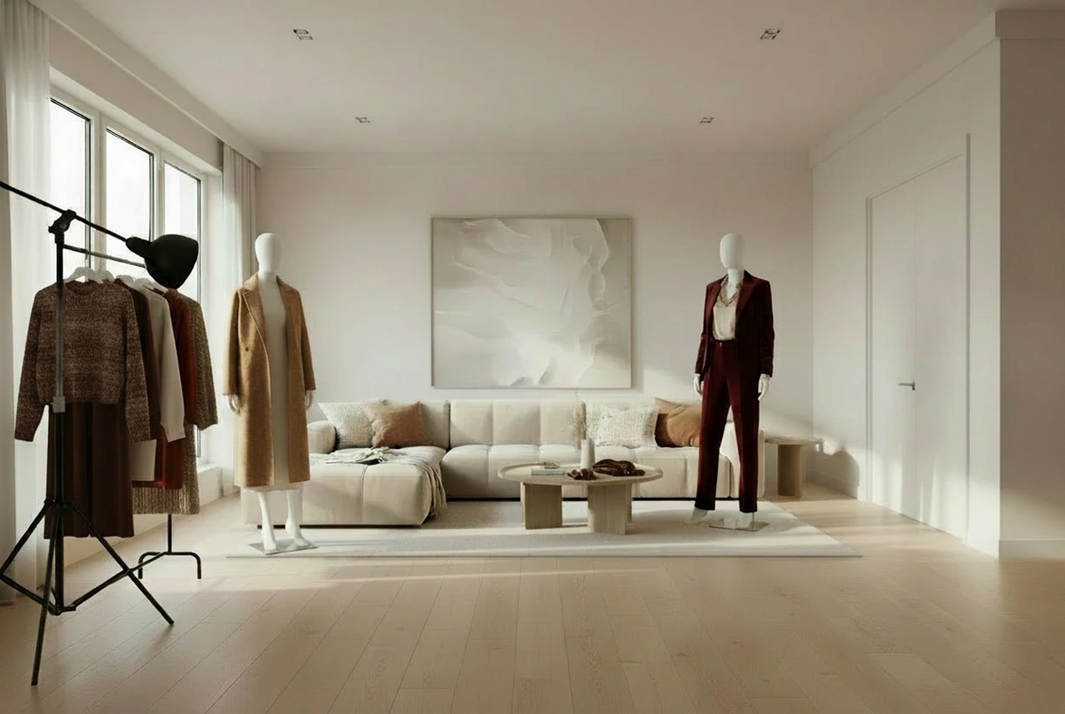 Minimalist living room with a beige sectional sofa, neutral cushions, and a light wood coffee table under soft daylight from large windows. A black floor lamp stands nearby, and a large white door on the right wall.