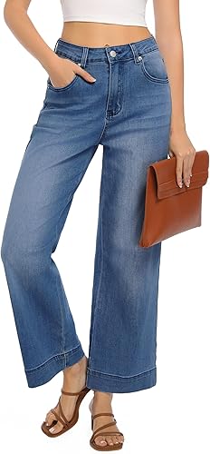 Perssia AshleighDenim High‑Waisted Wide‑Leg Cropped Jeans — Stretchy Loose Fit (Ashleigh Blue)