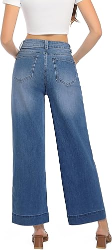 Perssia AshleighDenim High‑Waisted Wide‑Leg Cropped Jeans — Stretchy Loose Fit (Ashleigh Blue)