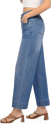 Perssia AshleighDenim High‑Waisted Wide‑Leg Cropped Jeans — Stretchy Loose Fit (Ashleigh Blue)