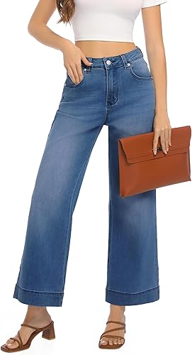 Perssia AshleighDenim High‑Waisted Wide‑Leg Cropped Jeans — Stretchy Loose Fit (Ashleigh Blue)
