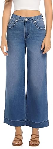 Perssia AshleighDenim High‑Waisted Wide‑Leg Cropped Jeans — Stretchy Loose Fit (Ashleigh Blue)
