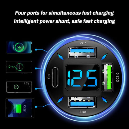 Perssia AutoCharge 4X Car Charger USB‑C Fast Car Charger — 4‑Port PD + QC 3.0 Cigarette‑Lighter Adapter