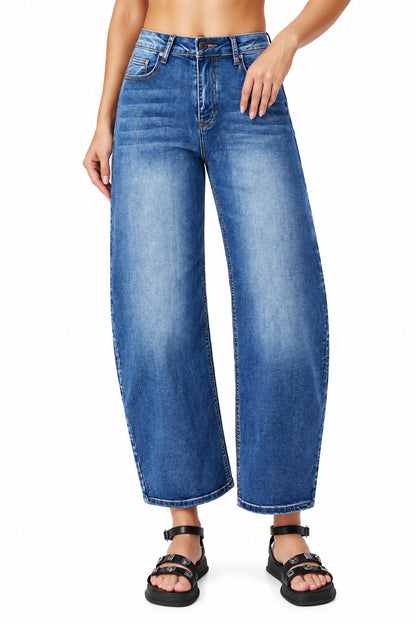 Perssia BarrelForm™ High‑Waisted Balloon Jeans — Wide‑Leg Cropped Stretch Denim (Blue) - PERSSIA