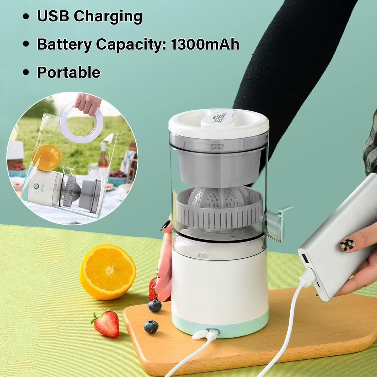 Perssia CitrusCharge Electric Citrus Juicer — Rechargeable 45W Type‑C Fresh Juice Extractor (White)