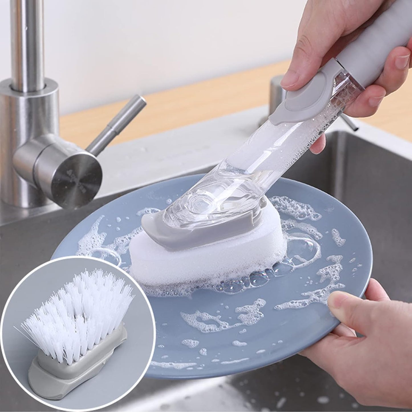 Perssia CleanPress Cleaning Brush 2‑in‑1 — Built‑In Soap Dispenser & Dual Brush Heads