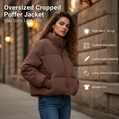 Perssia CloudCore Cropped Puffer Jacket — Oversized Quilted Winter Coat (Coffee, L)-US2D