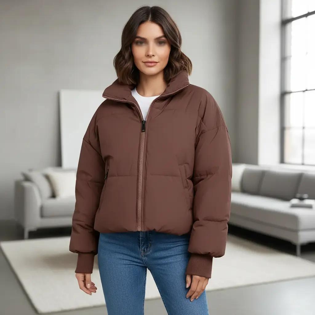 Perssia CloudCore Cropped Puffer Jacket — Oversized Quilted Winter Coat (Coffee, L)-US2D
