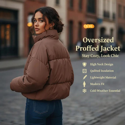 Perssia CloudCore Cropped Puffer Jacket — Oversized Quilted Winter Coat (Coffee, L)-US2D