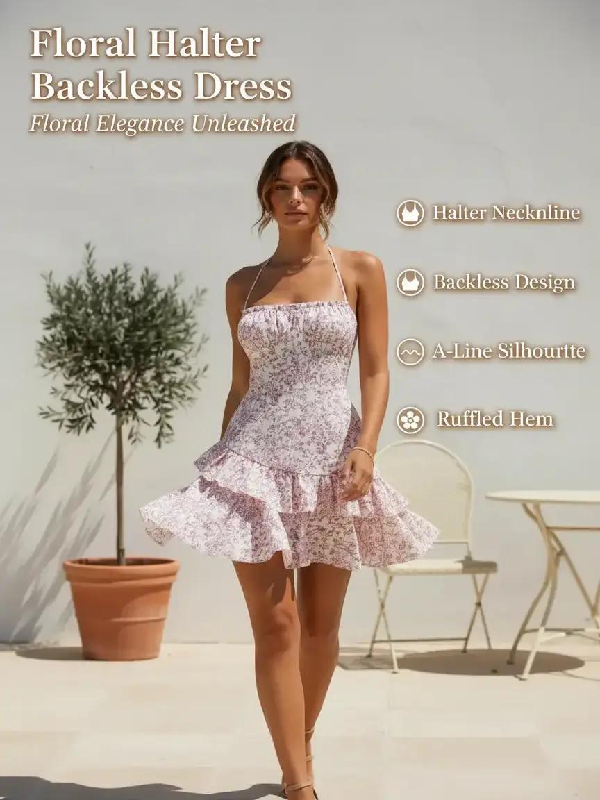Woman wearing a floral halter backless dress with text detailing dress features.