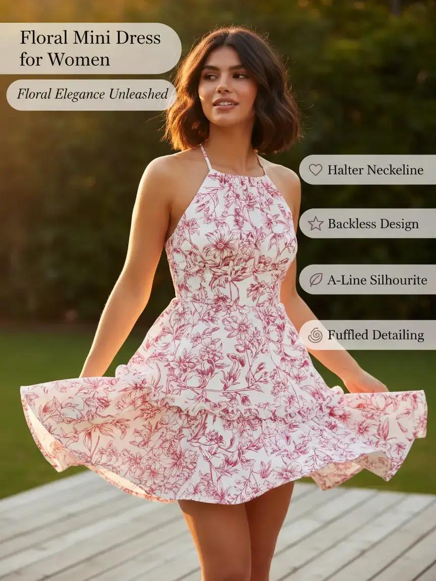 Woman wearing a floral mini dress with text highlighting features on a blurred natural background