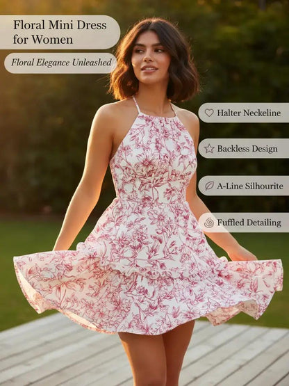 Woman wearing a floral mini dress with text highlighting features on a blurred natural background