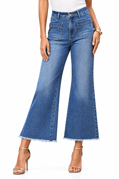 Perssia CurveGlow™ Wide Leg Jeans High Waisted Wide Leg Jeans Stretchy Trendy Raw Hem Denim Pants with Pocket Blue Size 10 - PERSSIA