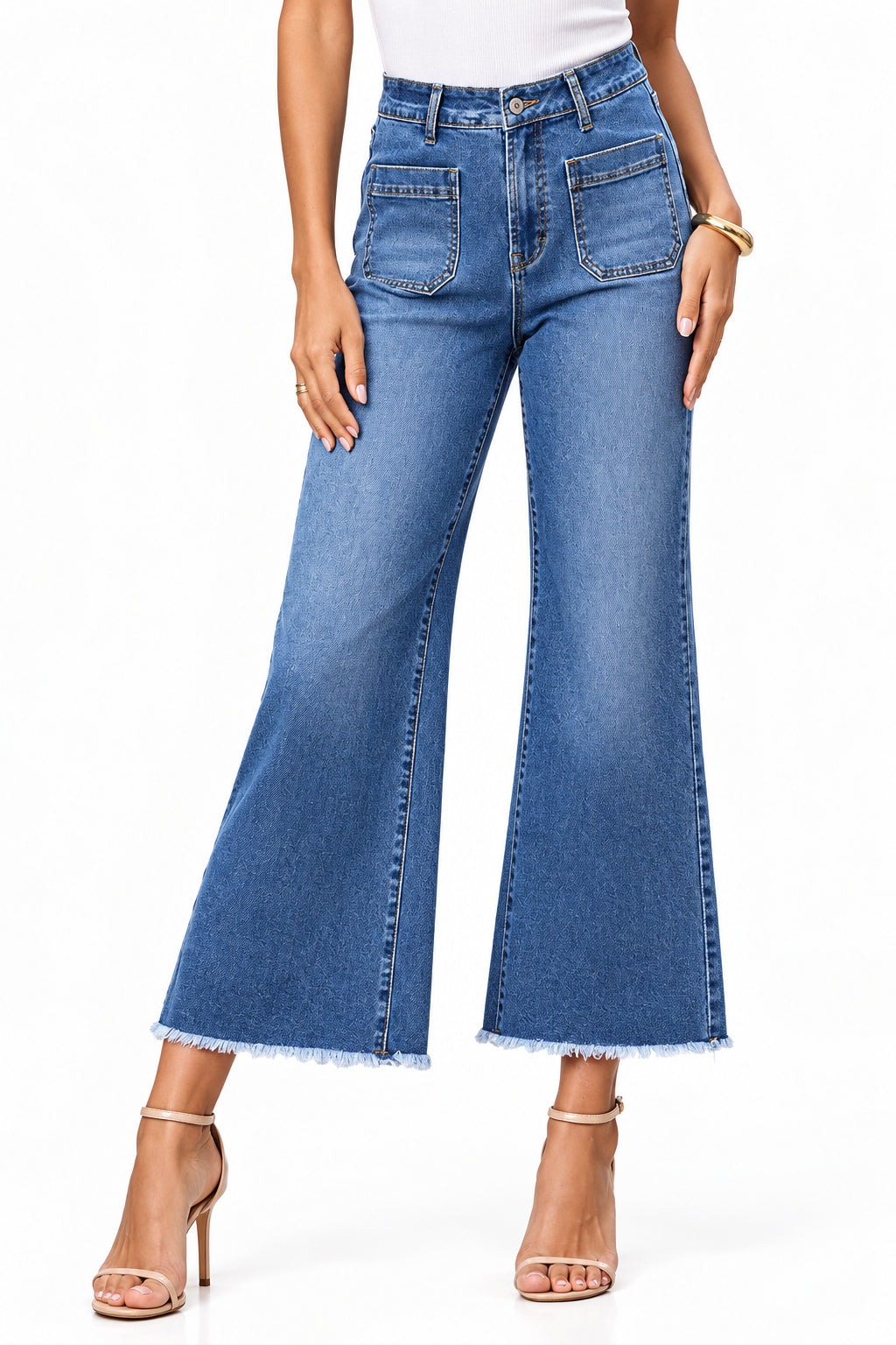 Perssia CurveGlow™ Wide Leg Jeans High Waisted Wide Leg Jeans Stretchy Trendy Raw Hem Denim Pants with Pocket Blue Size 10 - PERSSIA