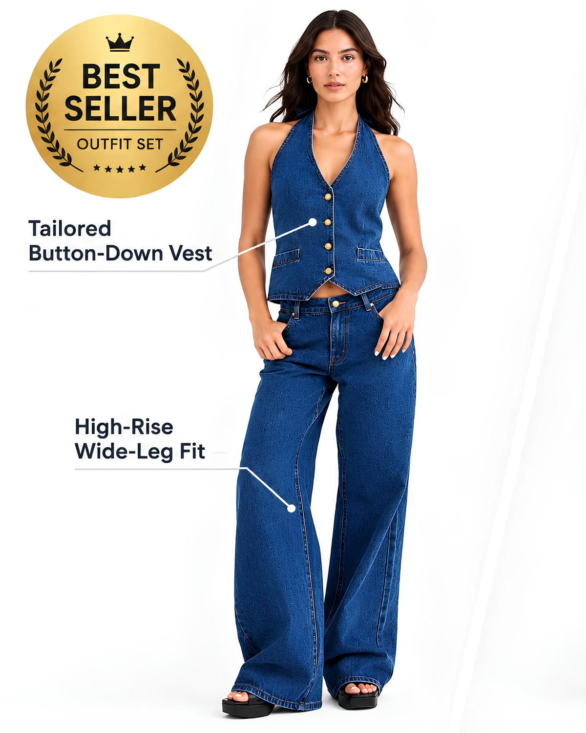Perssia DenimMuse™ Two Piece Set Women Denim Set Button Down Backless Tank Top and Wide Leg Jeans 2 Piece Outfit Suits - PERSSIA
