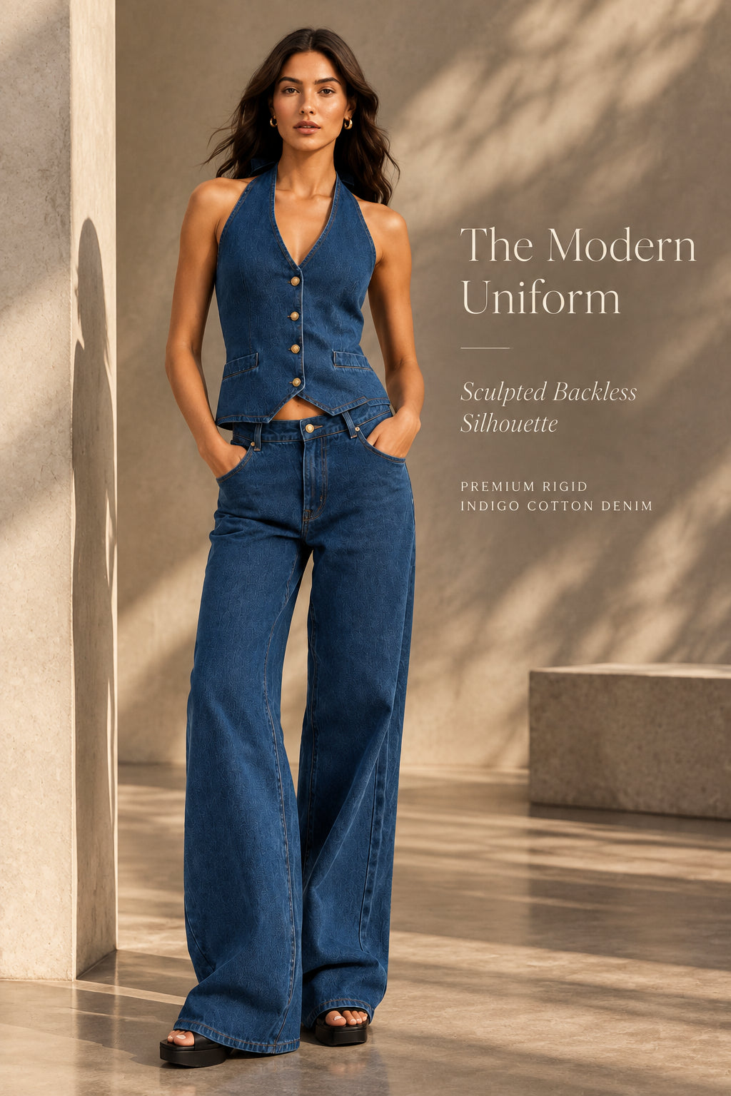 Perssia DenimMuse Two‑Piece Set — Backless Button‑Down Tank & Wide‑Leg Jeans (Women’s Denim Outfit)-US2D