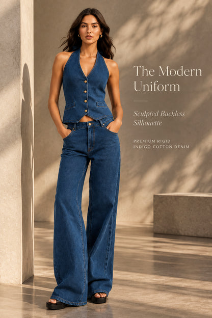 Perssia DenimMuse Two‑Piece Set — Backless Button‑Down Tank & Wide‑Leg Jeans (Women’s Denim Outfit)-US2D