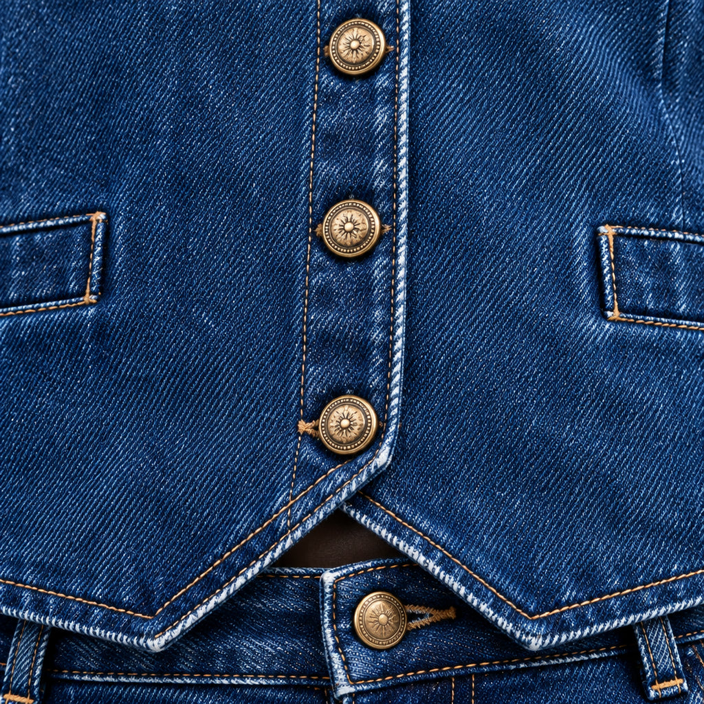  Close-up macro photograph of a fisoew two-piece denim set showing the indigo cotton fabric weave and premium vintage metal buttons for product details.