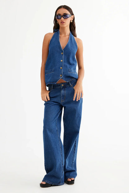 Perssia DenimMuse Two‑Piece Set — Backless Button‑Down Tank & Wide‑Leg Jeans (Women’s Denim Outfit)