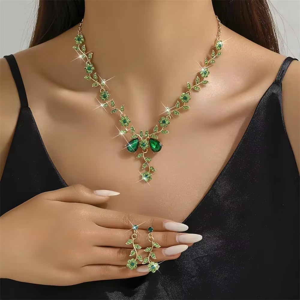 Perssia EmeraldBloom Jewelry Set — Green Flower Leaf Rhinestone Necklace & Earrings Set