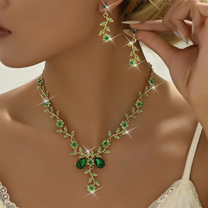 Perssia EmeraldBloom Jewelry Set — Green Flower Leaf Rhinestone Necklace & Earrings Set