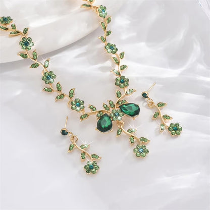Perssia EmeraldBloom Jewelry Set — Green Flower Leaf Rhinestone Necklace & Earrings Set