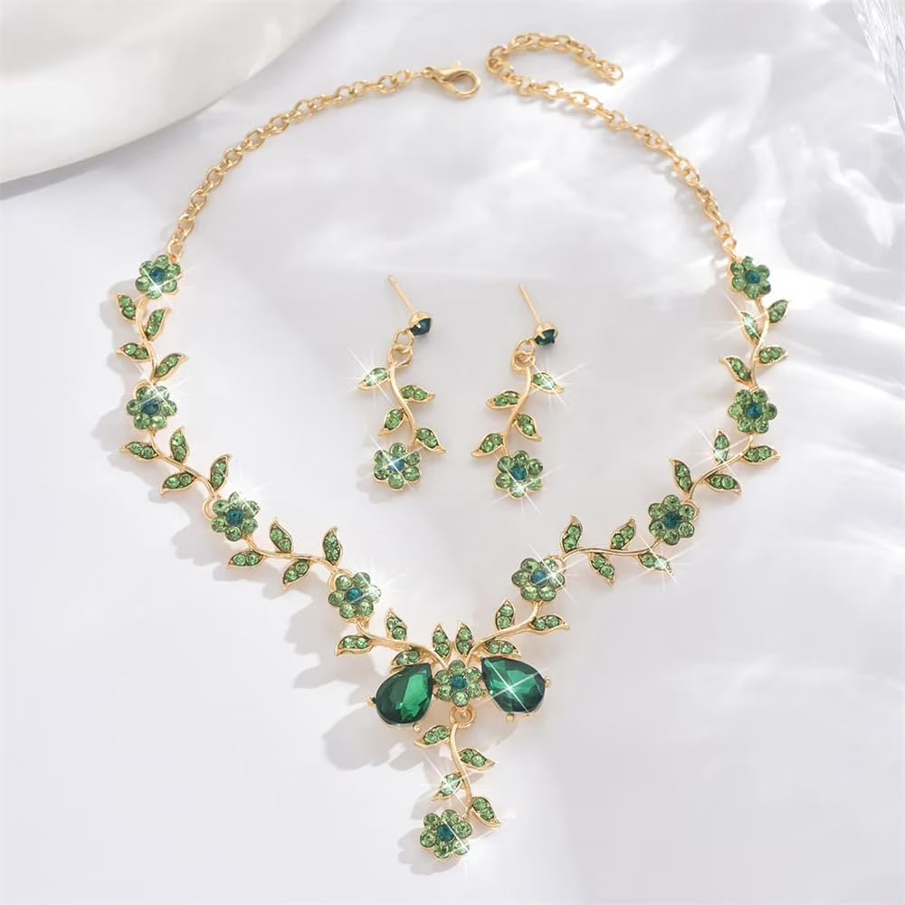 Perssia EmeraldBloom Jewelry Set — Green Flower Leaf Rhinestone Necklace & Earrings Set