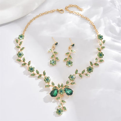 Perssia EmeraldBloom Jewelry Set — Green Flower Leaf Rhinestone Necklace & Earrings Set