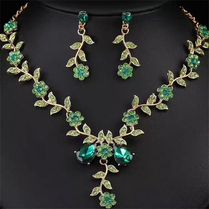 Perssia EmeraldBloom Jewelry Set — Green Flower Leaf Rhinestone Necklace & Earrings Set