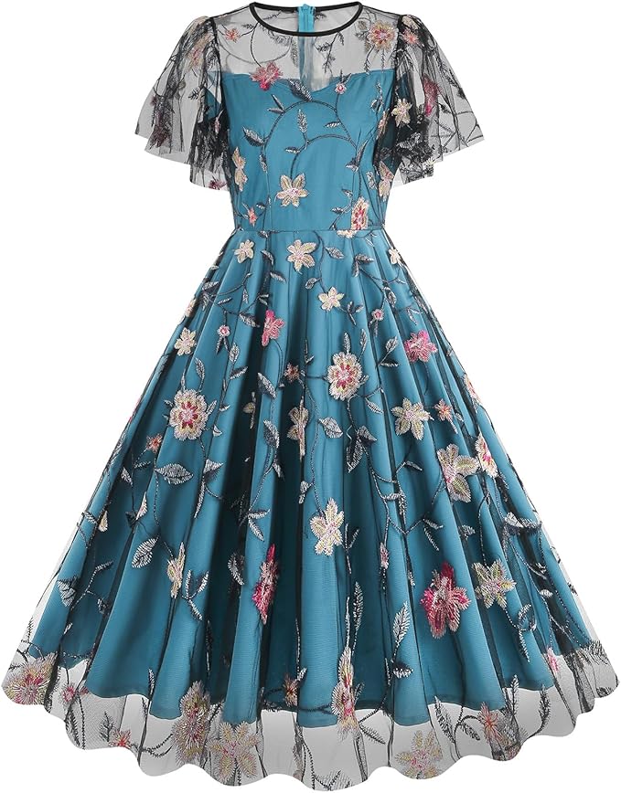 Perssia EnchantedPeacock Floral Embroidered Tulle Dress — Sleeveless Vintage Floral Evening Dress