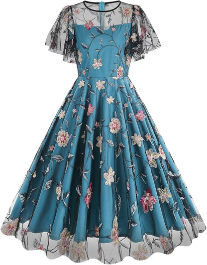 Perssia EnchantedPeacock Floral Embroidered Tulle Dress — Sleeveless Vintage Floral Evening Dress