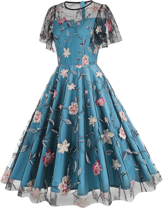 Perssia EnchantedPeacock Floral Embroidered Tulle Dress — Sleeveless Vintage Floral Evening Dress