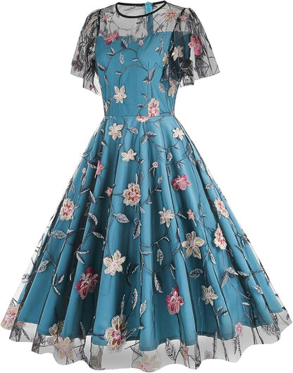 Perssia EnchantedPeacock Floral Embroidered Tulle Dress — Sleeveless Vintage Floral Evening Dress