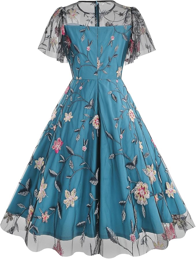 Perssia EnchantedPeacock Floral Embroidered Tulle Dress — Sleeveless Vintage Floral Evening Dress