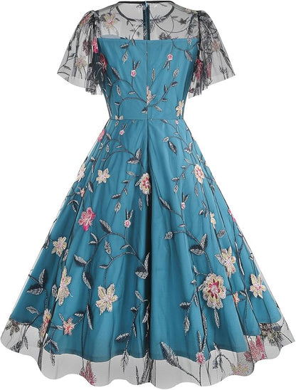 Perssia EnchantedPeacock Floral Embroidered Tulle Dress — Sleeveless Vintage Floral Evening Dress