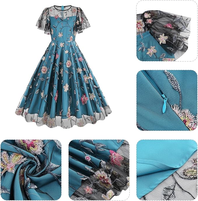 Perssia EnchantedPeacock Floral Embroidered Tulle Dress — Sleeveless Vintage Floral Evening Dress