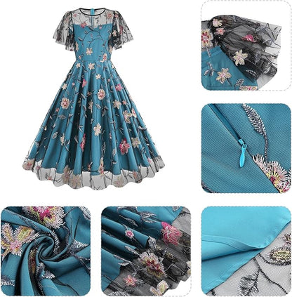 Perssia EnchantedPeacock Floral Embroidered Tulle Dress — Sleeveless Vintage Floral Evening Dress